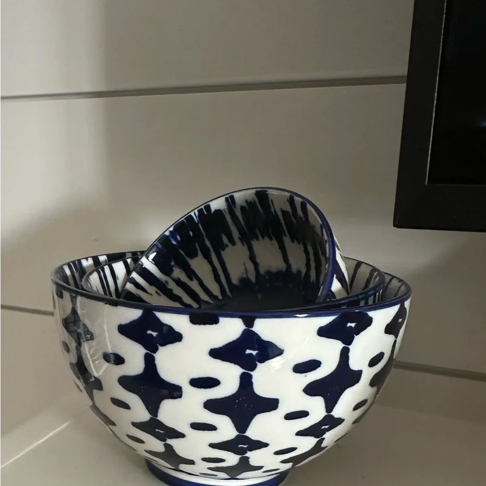 3 West Elm Blue and White Ceramic Art Bowls